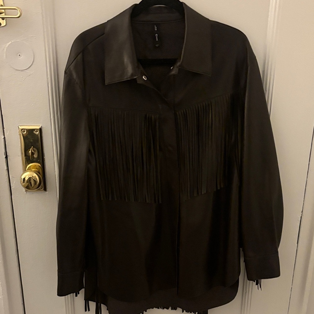 Mango Black Leather Fringe Jacket